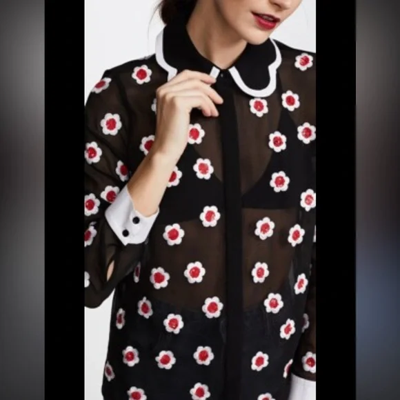 Alice + Olivia Willa Floral Embellished Scalloped Collar Placket Top Black Sz S - Picture 2 of 15